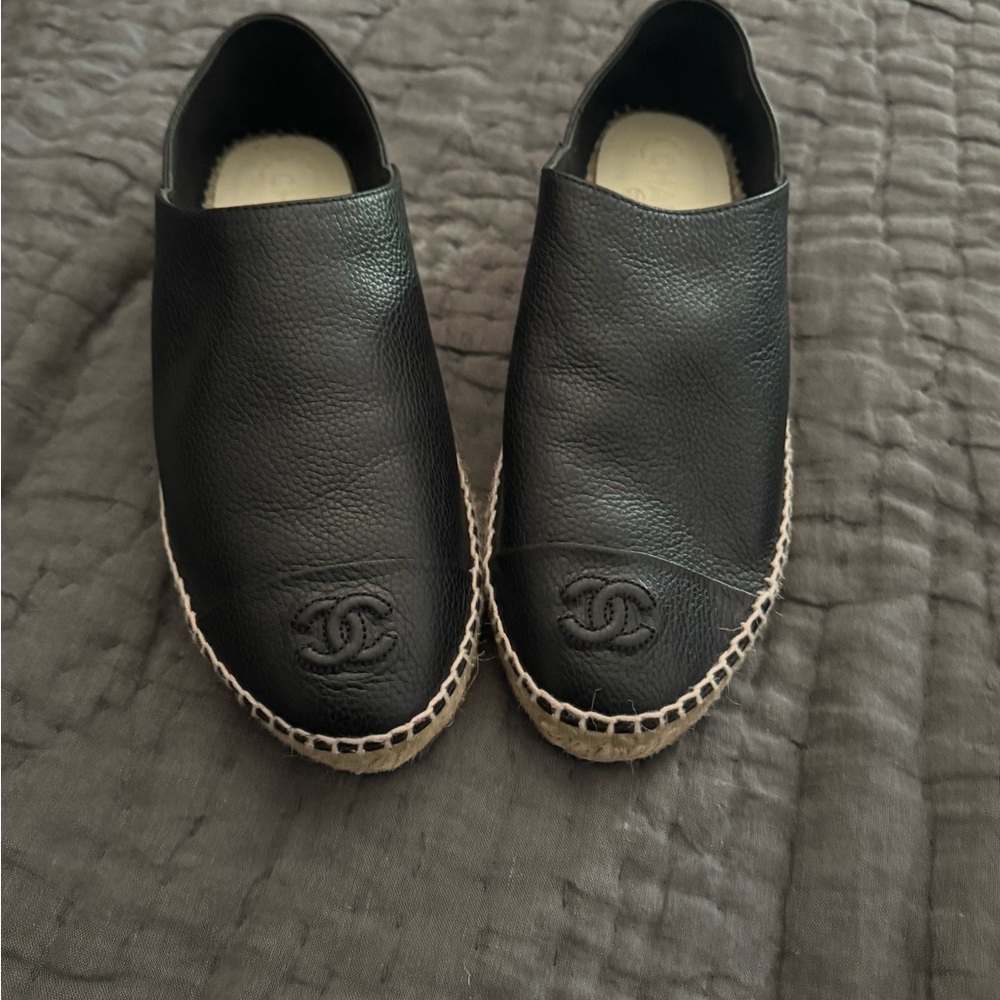 Chanel Black Leather Espadrilles